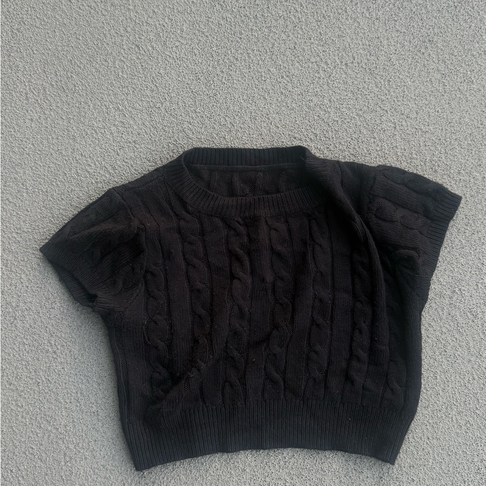 Black Cable Knit Short Sleeve Sweater Top